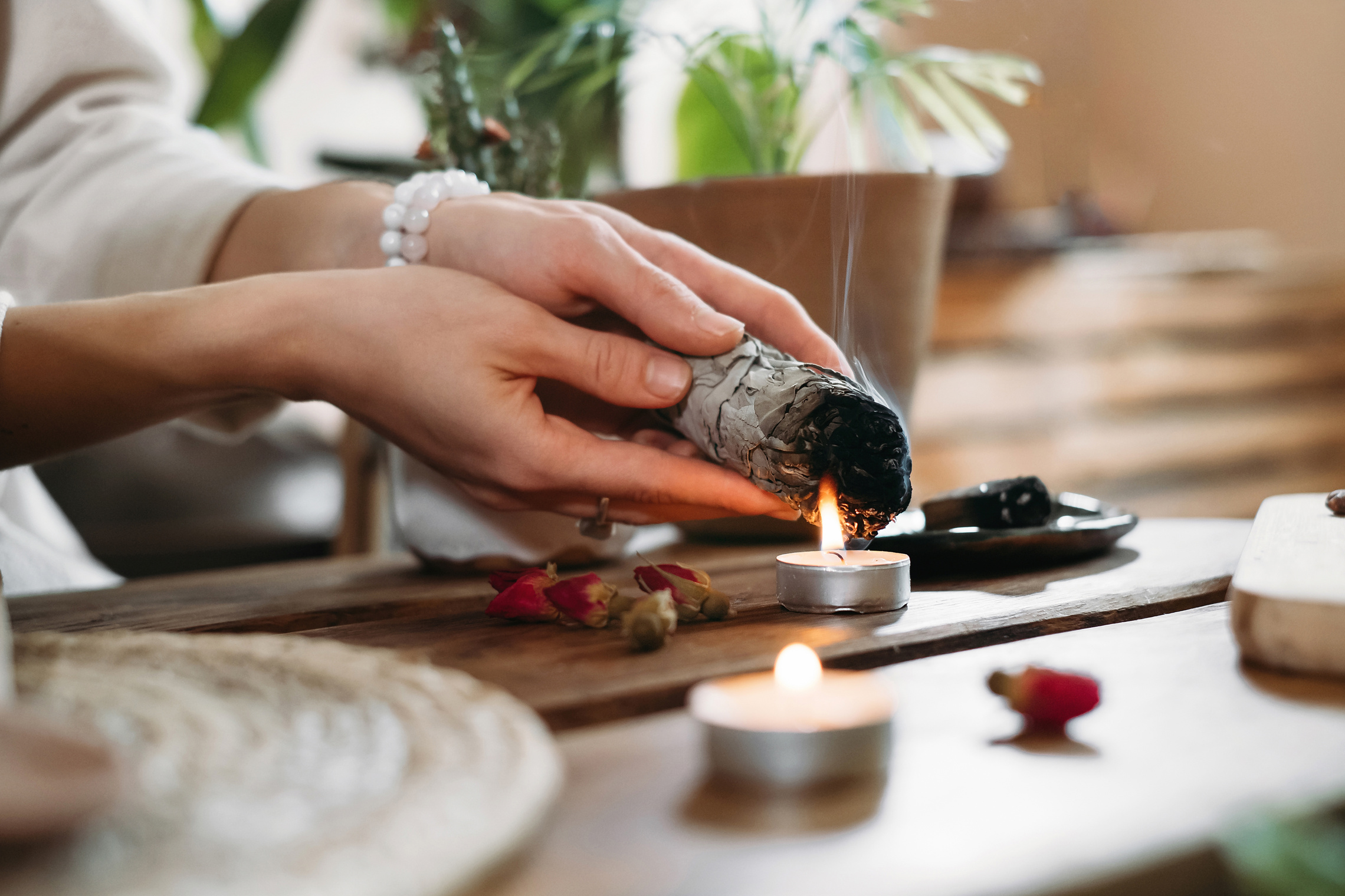 Hands Burning White Sage for Ancient Spiritual Ritual